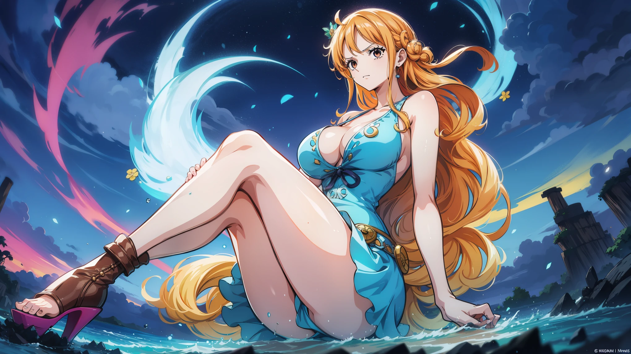 Gere uma imagem realista no estilo anime de Nami de One Piece usando um vestido sexy com botas em uma floresta a noite iluminada pela luz da lua , qualidade 4k HDR cores vibrantes