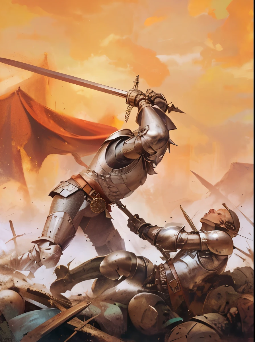 k/2 men，knight，Hercules，bald-headed，Wear a full set of European medieval silver and bright armor，Full-coverage armor，battlefield，Showdown，Wear a belt on your armor，black leather belt，The costume does not change，The head does not change