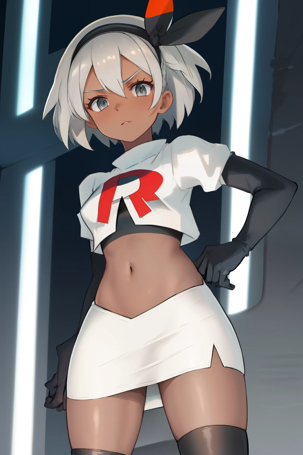 bea pokemon, black hairband, hair bow, dark-skinned female,hair between eyes, grey hair, short hair,grey eyes ,team rocket,team rocket uniform,white skirt,crop top,black thigh-highs,black elbow gloves,