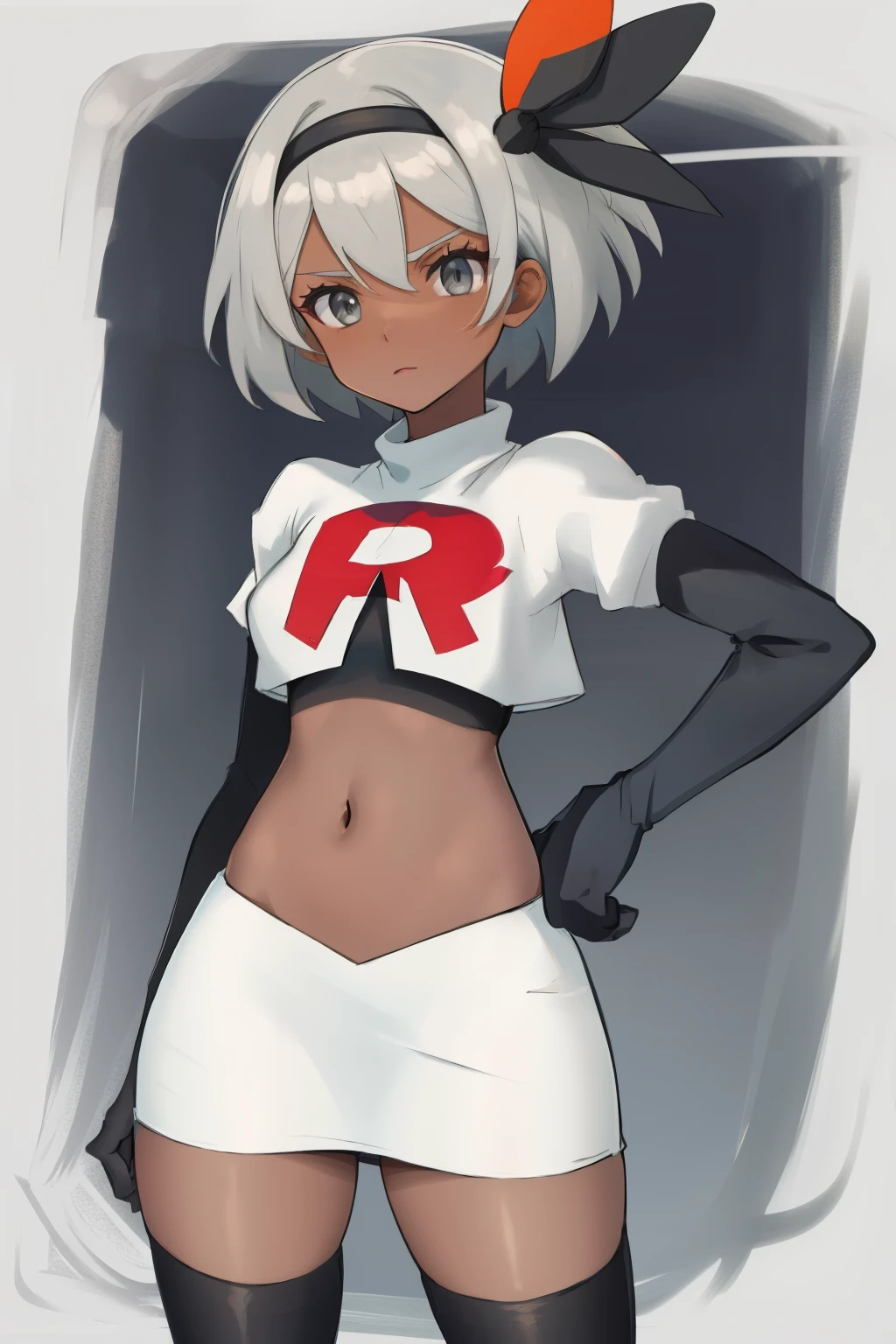 bea pokemon, black hairband, hair bow, dark-skinned female,hair between eyes, grey hair, short hair,grey eyes ,team rocket,team rocket uniform,white skirt,crop top,black thigh-highs,black elbow gloves,