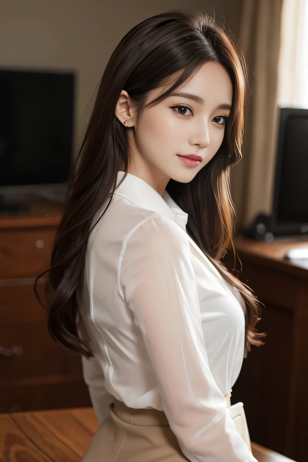table top, highest quality, realistic, Super detailed, finely, High resolution, 8k wallpaper, 1 beautiful woman,, light brown messy hair, He is wearing a black see-through dress shirt with an open collar., sharp focus, perfect dynamic composition, beautiful and detailed eyes, thin hair, Detailed realistic skin texture, smile, close-up portrait, model body shape、president&#39;s secretary、mini skirt、high heels、whole body、business suit