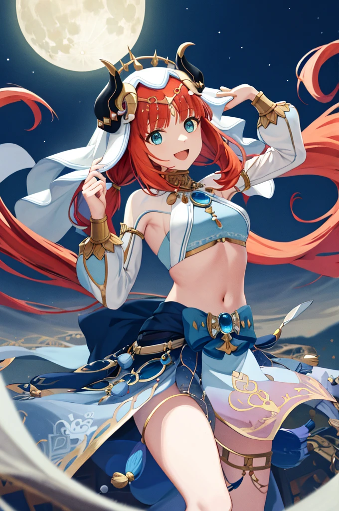 (Realistic painting style:1.1), masterpiece, best quality,  absurdres, nilou (neither flower nor mist) (genshin impact), aqua eyes, nilou (genshin impact), fake horns, 1girl, solo, red hair, veil, smile, moon, long hair, crop top, jewelry, horns, night, bracer, brooch, long sleeves, puffy long sleeves, looking at viewer, skirt, bangs, twintails, water, puffy sleeves, sky, neck ring, open mouth, :d, full moon, night sky, flower, harem outfit, gold trim, parted bangs, arm up, breasts, circlet, outdoors, blue skirt, hair ornament, detached sleeves, low twintails, floating hair, gem, hair flower, blue gemstone, hand up, dancer, white headwear, small breasts, stomach, midriff, cowboy shot, blue bow, very long hair