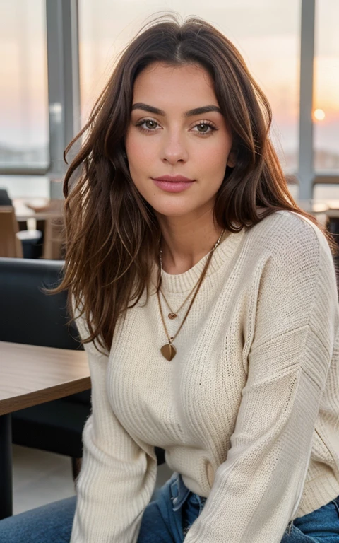 Beautiful brunette wearing a beige sweater (in a modern cafe at sunset), Sehr detailierte, 21 Jahre alt, Gesicht unschuldig, Natural wavy hair, blaue Augen, high resolution, Meisterwerk, Better quality, Komplizierte Details, Sehr detailiert, scharfer Fokus, detaillierte Haut, realistisch skin Textur, Textur, detaillierte Augen, Fachmann, 4K, charming smile, gefilmt in Canon,  85 mm, shallow depth of field, Kodak Vision Color, Perfekt angepasste Karosserie, Extremely detailed, Fotografier_\(Ultra\), fotorealistisch, realistisch, Nachbehandlung, maximale Details, Rauheit, wahres Leben, Ultra realistic, Fotorealismus, Fotografie, 8K UHD, Fotografie, nackte Schulter, Sehr kleiner Ausschnitt, without underwear, sexy, Flirten Sie mit der Kamera, consider sexy, hole body