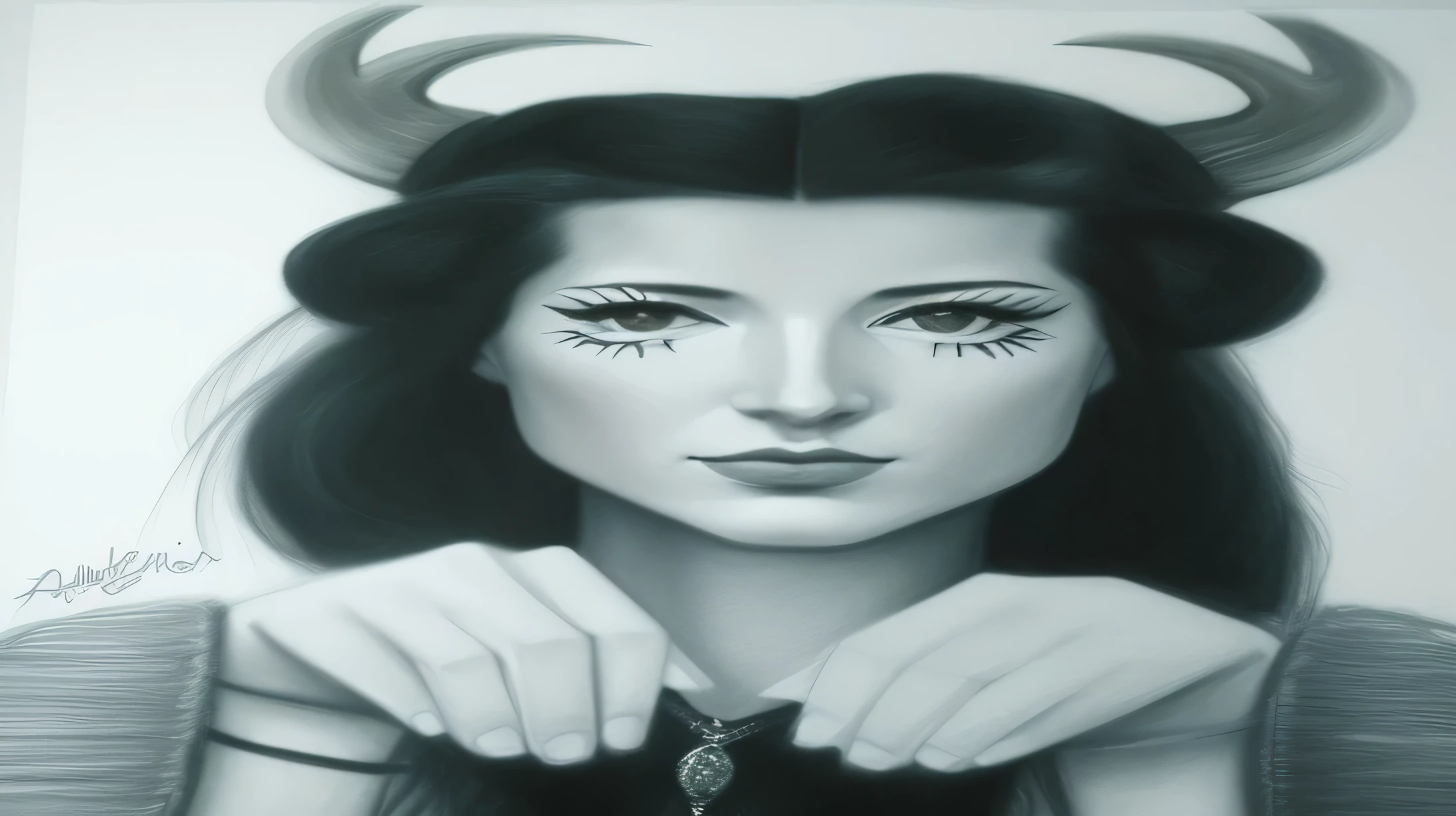 dibujo de una mujer con cuernos y maquillaje sosteniendo sus manos, artistic drawing, arte tradicional, anthropomorphic female deer, inspired by Adrienn Henczné Deák, llama retrato antro, girl design lush horns, inspirado por Martine Johanna, art sketch, con cuernos, sombreado!!!, retrato antro, inspired by Marina Abramović