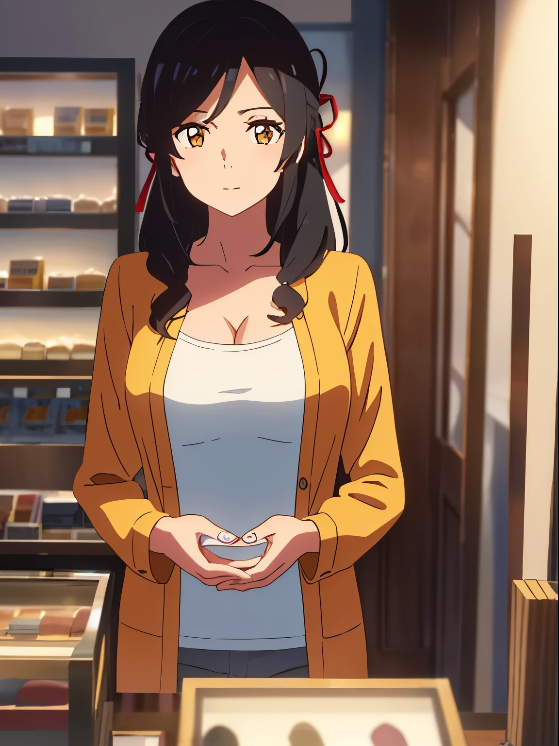 shinkai makoto, kimi no na wa., 1girl, bangs, black hair, brown eyes, waterfall braid, red ribbon, long hair, long sleeve light yellow cardigan, open shirt, yellow shirt, cleavage, breast, medium breast, Orange shirt, name tag written "LUMINE Miyamizu", looking at the viewer, indoors, jewelry products, jewelry shop, jewelry saleswoman, indoors, mall, masterpiece, perfect anatomy, cowboyshot, POV (POV boy's hands holding girl's chest POV)