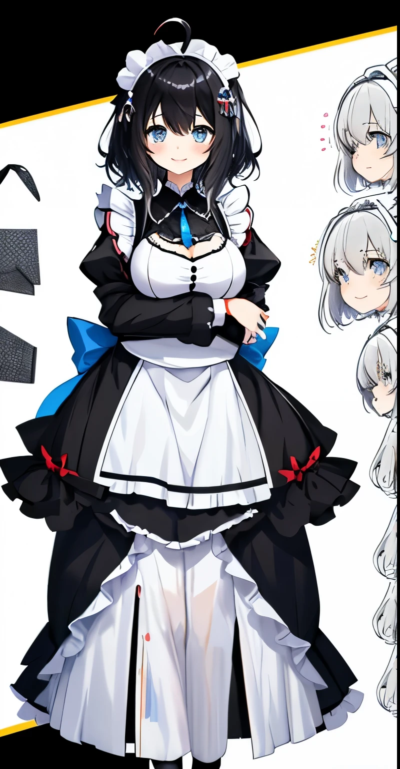 on lap,((((upright)))), ((((arm to the side)))), looking at the viewer, simple background、white background, 1 girl, open your mouth, smile, Virtual YouTuber、with a girl、((highest quality, expensive_solve, clear_image)),(black hair), (black cat ears), (Ahoge), (ridiculously short hair), (wavy hair), (blue eyes),、laughter、very big breasts、((concept art))、((front))。Dressed in maid clothes。((character sheet))