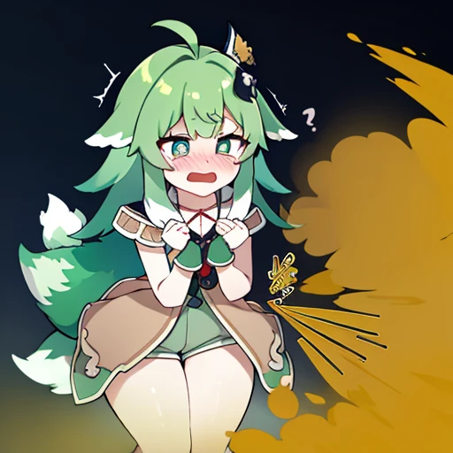 Highest image quality、(master piece:1.2)、detailed、Huo Huo、1 girl、solo、green hair、fart、Are standing、green eyes、Brown shorts、Shy personality、scared、pale tail、Gas comes out of the butt、lots of gas