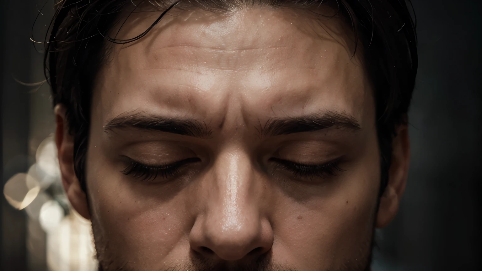 Exposed brain,Close up of male face with closed eyes, pondering,abstract portrait, Surreal dark art, 4 k symmetrical portrait, 详细的脸, detailedeyes