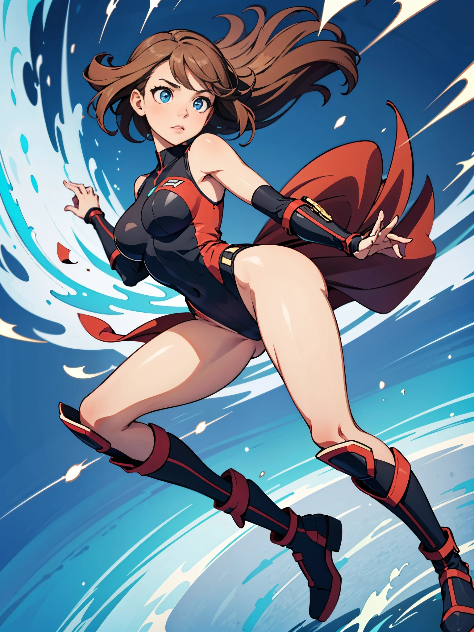 1girl, solo focus, superhero, leotard, highleg leotard, bare legs, boots, mature lady, tight belt, brown hair, spinning her body in rapid speed like a tornado, wind swirls, rapid gyration, tornado spinning girl, tornado spin, turning to a whirlwind, ultra highres, absurdres, beautiful face, detailed eyes, symmetric eyes, {{only five fingers}}, tornado winds, straight legs, tornado swirls, tornado, super spin