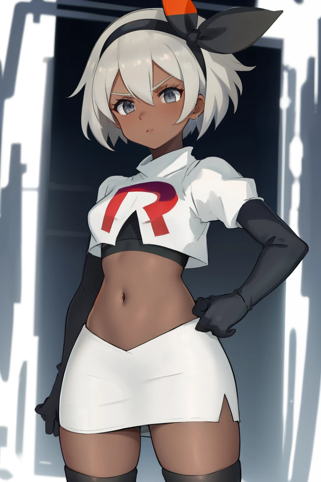 bea pokemon, black hairband, hair bow, dark-skinned female,hair between eyes, grey hair, short hair,grey eyes ,team rocket,team rocket uniform,white skirt,crop top,black thigh-highs,black elbow gloves,