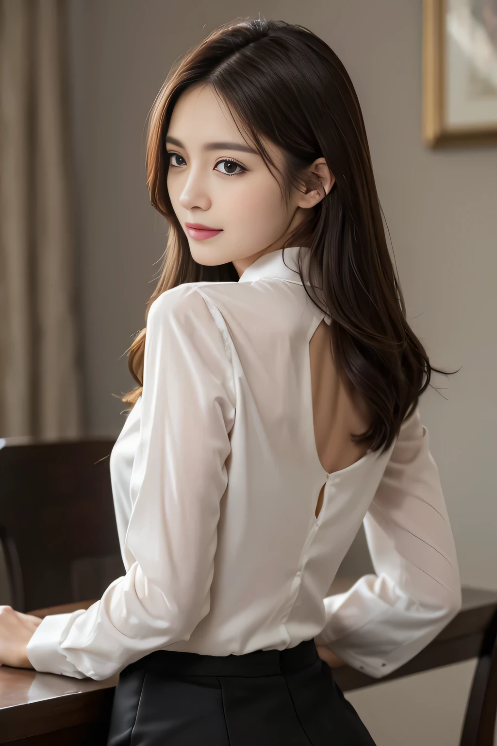 table top, highest quality, realistic, Super detailed, finely, High resolution, 8k wallpaper, 1 beautiful woman,, light brown messy hair, He is wearing a black see-through dress shirt with an open collar., sharp focus, perfect dynamic composition, beautiful and detailed eyes, thin hair, Detailed realistic skin texture, smile, close-up portrait, model body shape、president&#39;s secretary、mini skirt、high heels、whole body、suit