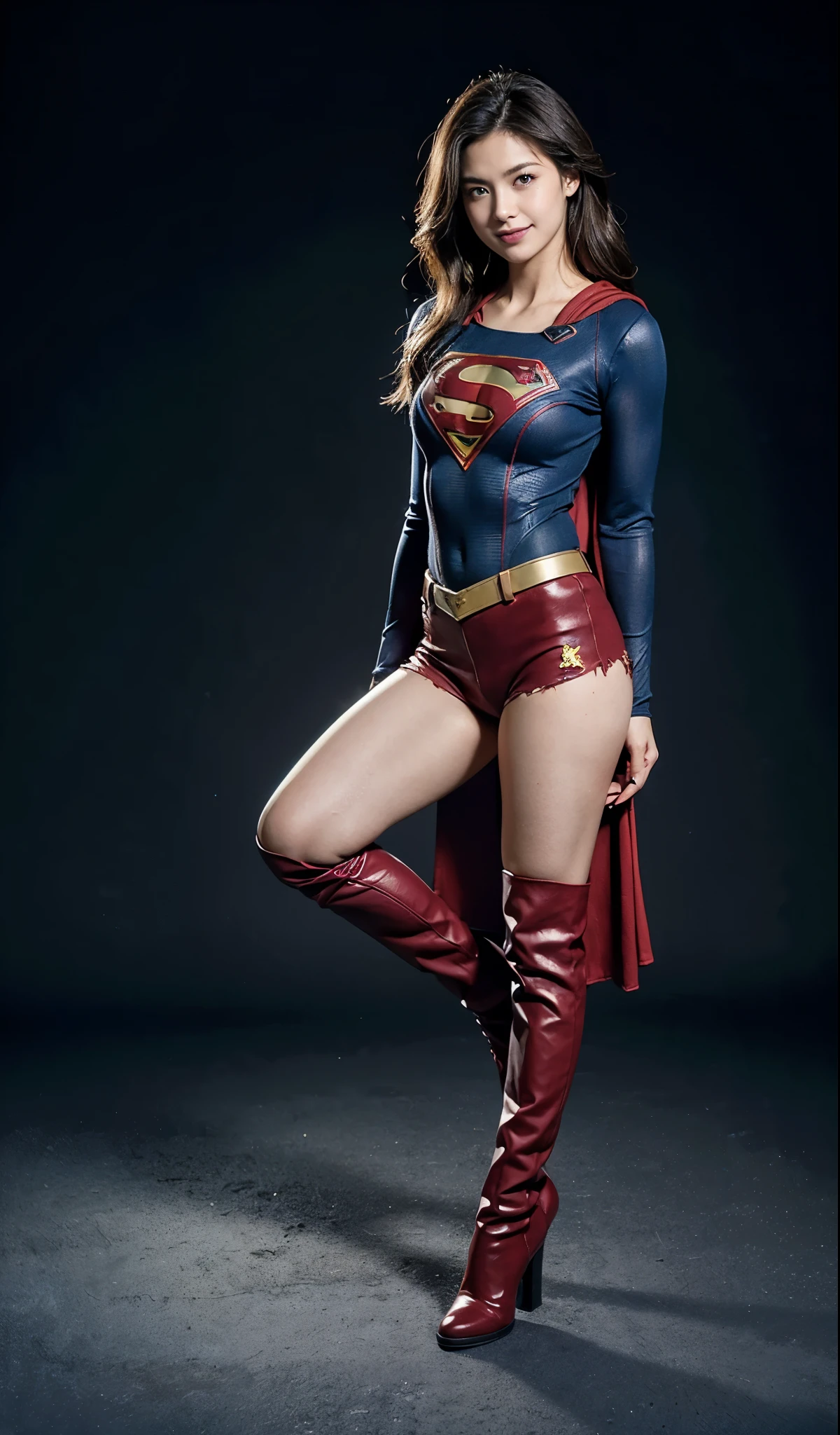 no background、short hair、supergirl costume、Snug costume、(((stretch your legs、tall、Legally express the beauty of your smile)))、((((Get the most out of your original images)))、(((supergirl costume、torn、Tattered、being destroyed)))、(((beautiful hair)))、(((I&#39;m in pain)))、(((Legs must be worn with black tights)))、(((must wear red boots、being destroyed)))、((Highest image quality、8K))、((highest quality、8K、masterpiece:1.3))、(((keep background )))、clear focus:1.2、beautiful woman with perfect figure:1.4、Full of scars、bloody、full of blood、slender abs:1.2、wet body:1.5、Highly detailed face and skin texture、8K