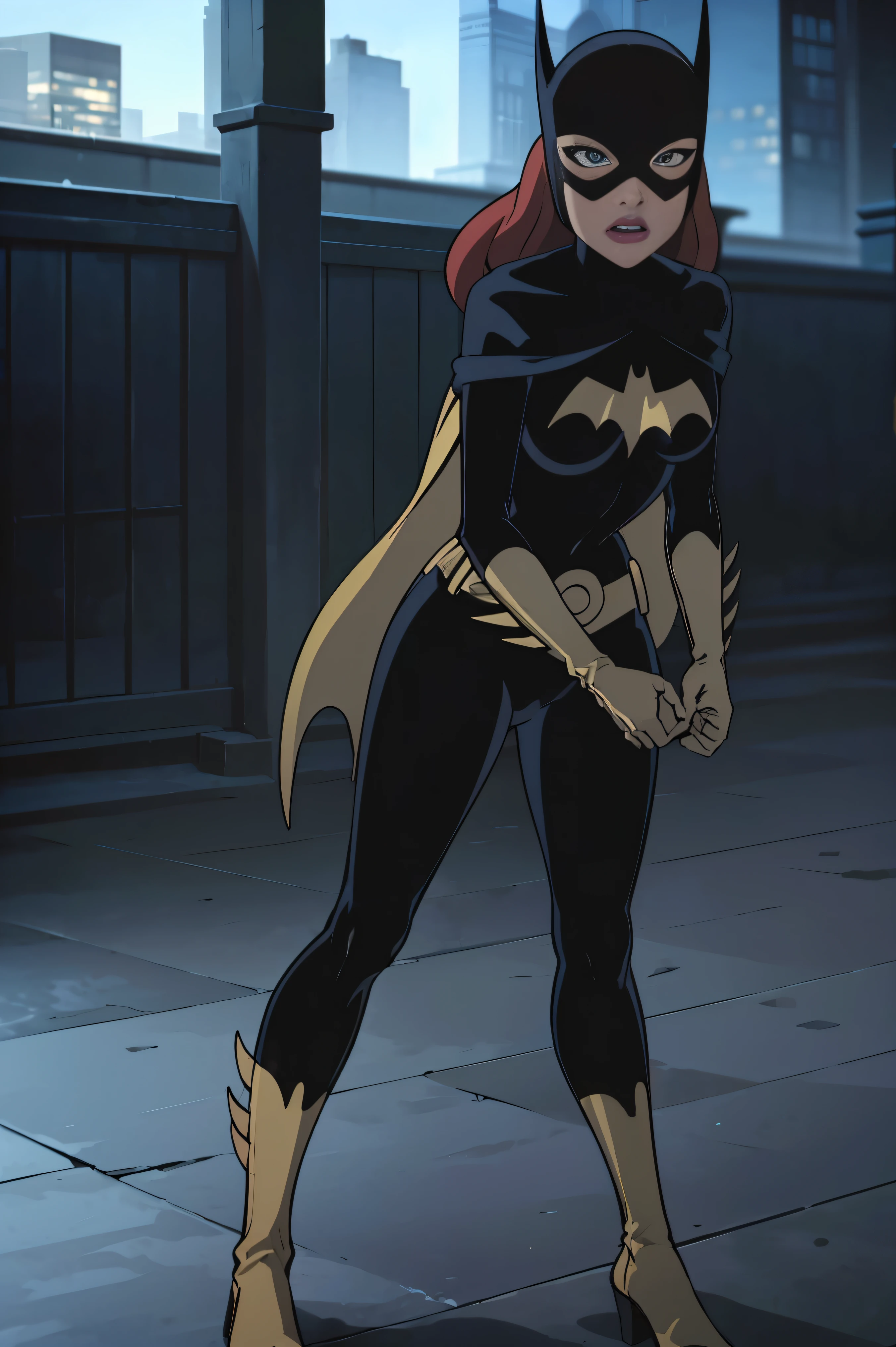 ((whole body view)), Batgitlfit, cabelos muito longos, cabelos ruivos, cabelo entre os olhos, rabo de cavalo alto, Fechaduras laterais, olhos azuis, Batgirl, roupas brilhantes, impossible bodysuit, pele apertada, saia, Olhando para o Viewer apavorada, (pernas musculosas:1.3), ((Acuada e capturada por bandidos na cadeia))