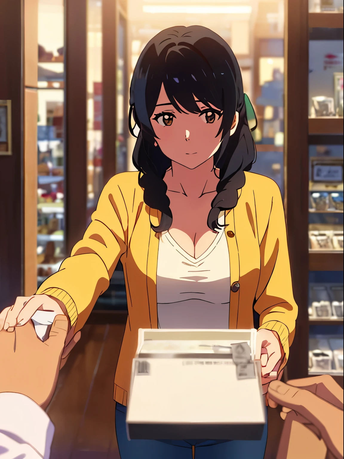 shinkai makoto, kimi no na wa., 1girl, bangs, black hair, brown eyes, waterfall braid, red ribbon, long hair, long sleeve light yellow cardigan, open shirt, yellow shirt, cleavage, breast, medium breast, Orange shirt, name tag written "LUMINE Miyamizu", looking at the viewer, indoors, jewelry products, jewelry shop, jewelry saleswoman, indoors, mall, masterpiece, perfect anatomy, cowboyshot, POV (POV boy's hands holding girl's hands POV)