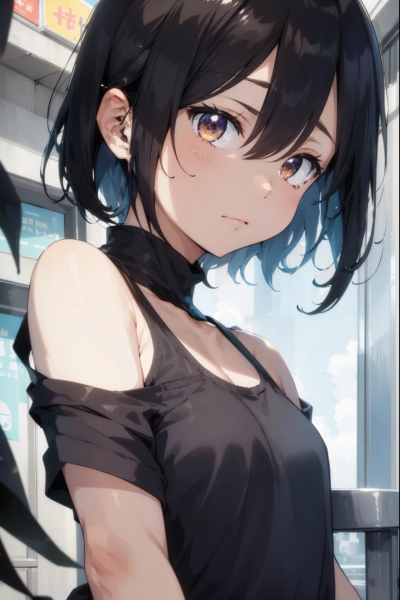 (masterpiece, best quality, high quality, high resolution, Super detailed), cyber style girl, 1 girl, alone, short hair, exist ,bar, bare shoulders, rest, rainbow hair,long hair