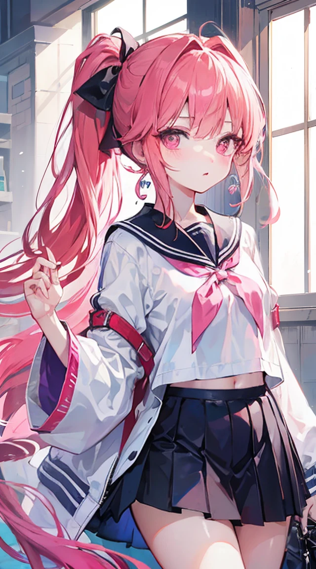 light blue long hair,deep red pink eyes,The hair is tied up with two pink hairbands,Short double ponytail,Qi bangs,There are two long hair curtains on both sides,Wearing a white sailor ,grey short skirt,Iron earrings worn by bad girlangs pulled up with a hairpin,The sleeves are long,Fresh atmosphere,Warm color palette,The eyes have God,to emphasize,tmasterpiece,blush blush,Expressionless,Open your mouth slightly