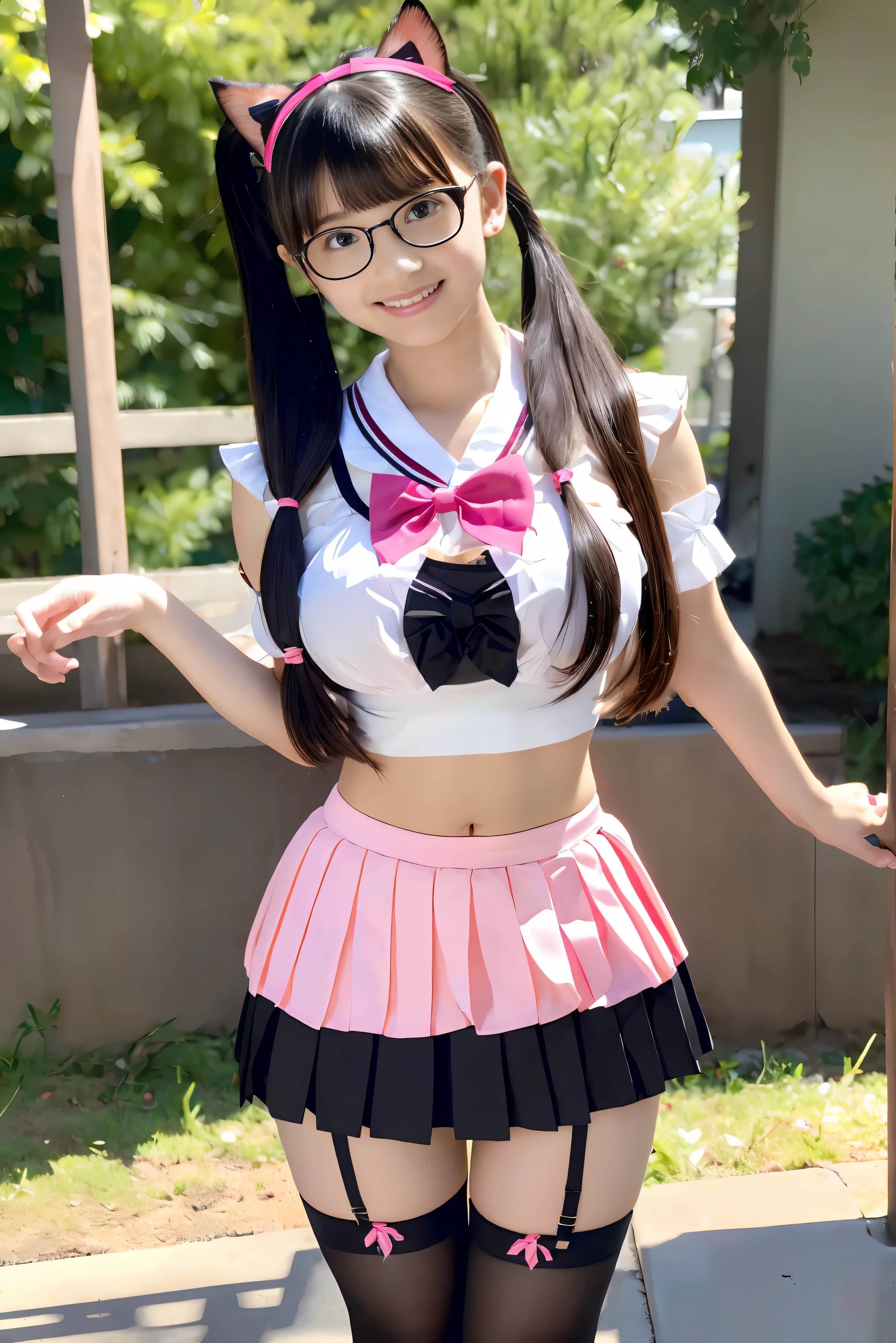 (Best Quality,4K,High resolution:1.2), Ultra-detailed, Realistic portrait, Best Quality, (outside japanese high school), (passionate scene),one very young looking high school girl, (intense emotion), (carp), (kiss:1.1), , (open eyes),(innocent look), student clothes, long black hair with bows and ribbons、Mini Pleated Skirt、(Stockings), standing, open mouth, (very big breasts), lingerie, pigtails, thin tiny waist, black and pink marching band uniform with bow, having fun, , big brown eyes, big cute smile, (full body, perfect long legs, looking up staring into camera, far away), (muscular lean abs, tight cropped blouse), (large round black rimmed glasses), (cat ears)