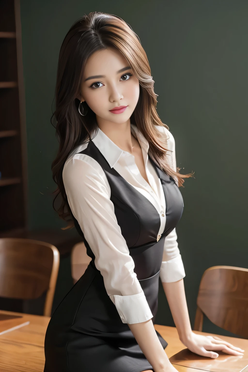 table top, highest quality, realistic, Super detailed, finely, High resolution, 8k wallpaper, 1 beautiful woman,, light brown messy hair, He is wearing a black see-through dress shirt with an open collar., sharp focus, perfect dynamic composition, beautiful and detailed eyes, thin hair, Detailed realistic skin texture, smile, close-up portrait, model body shape、president's secretary、mini skirt、high heels、whole body