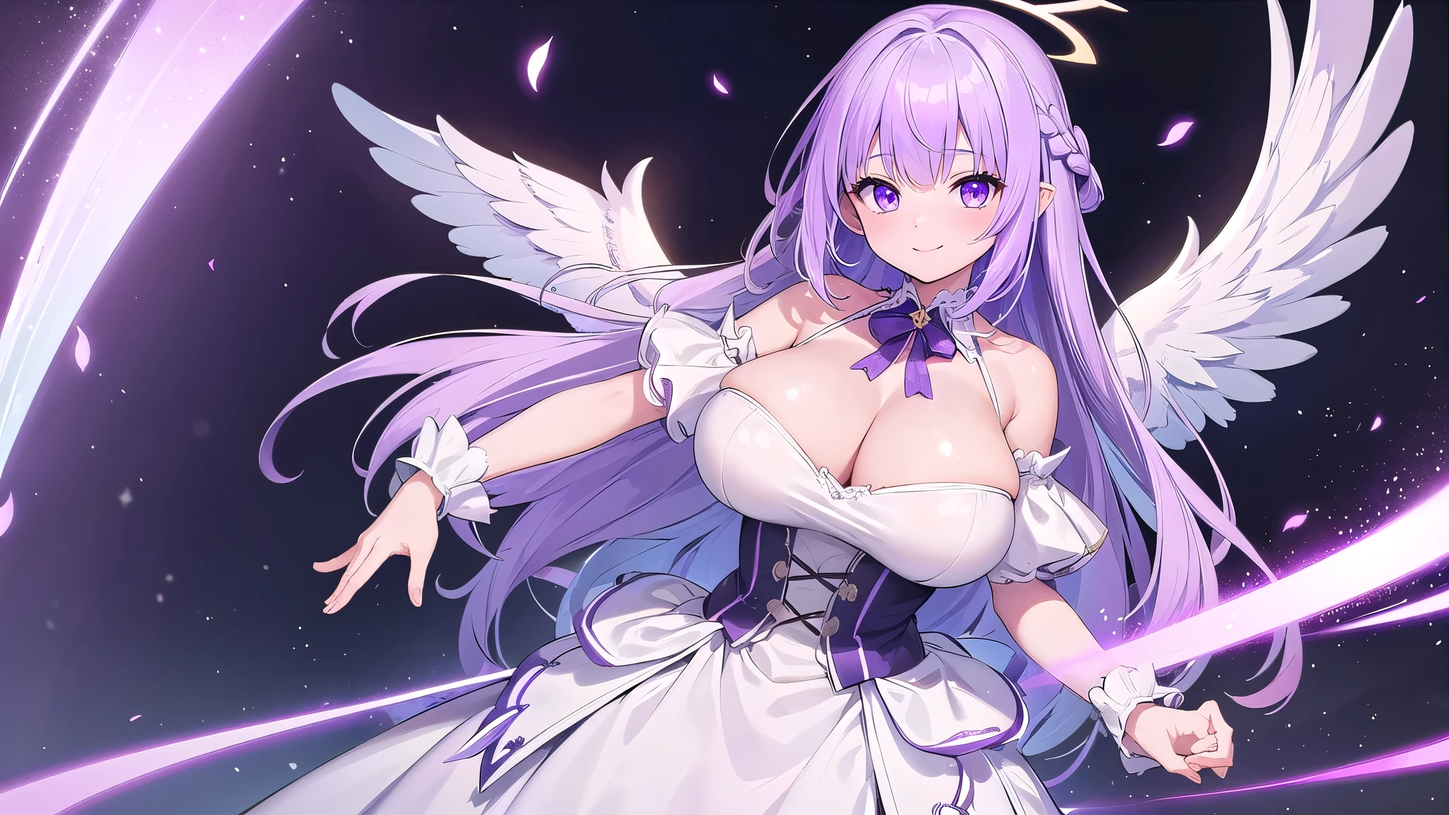 1 girl, game CG, princess dress, shoulders visible, angel wings, angel halo, ((gigantic breasts)), light purple hair, long hair, french braid, purple eyes, fantasy background, dynamic, looking at viewer, skill attack, smile,