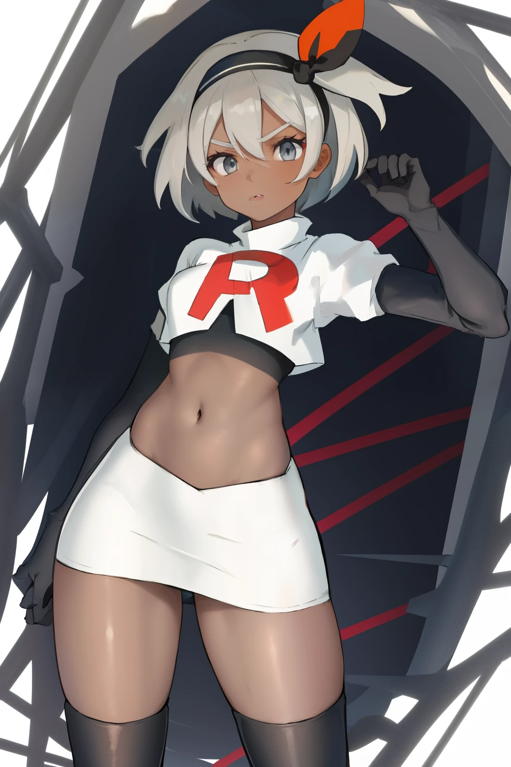 bea pokemon, black hairband, hair bow, dark-skinned female,hair between eyes, grey hair, short hair,grey eyes ,team rocket,team rocket uniform,white skirt,crop top,black thigh-highs,black elbow gloves,