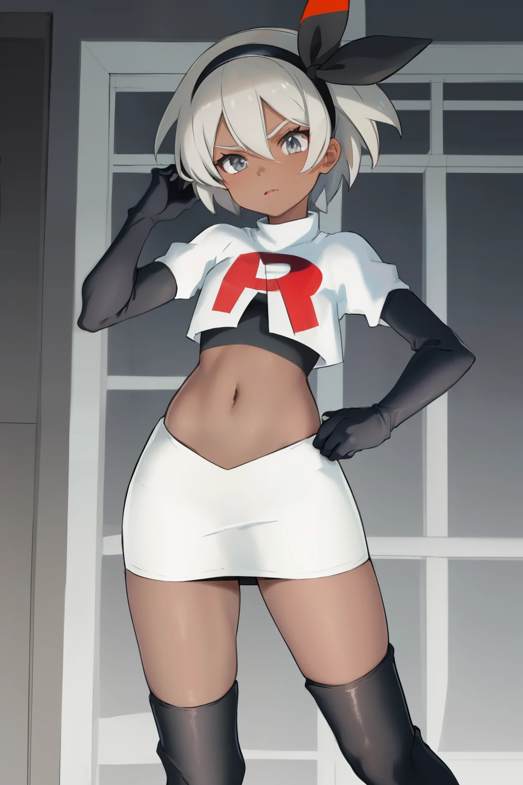 bea pokemon, black hairband, hair bow, dark-skinned female,hair between eyes, grey hair, short hair,grey eyes ,team rocket,team rocket uniform,white skirt,crop top,black thigh-highs,black elbow gloves,