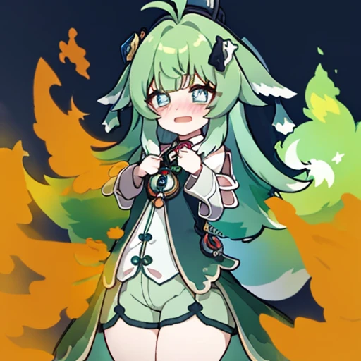 Highest image quality、(master piece:1.2)、detailed、Huo Huo、1 girl、solo、green hair、fart、Are standing、green eyes、Brown shorts、Shy personality、scared、pale tail、Gas comes out of the butt、lots of gas、blush、shyness