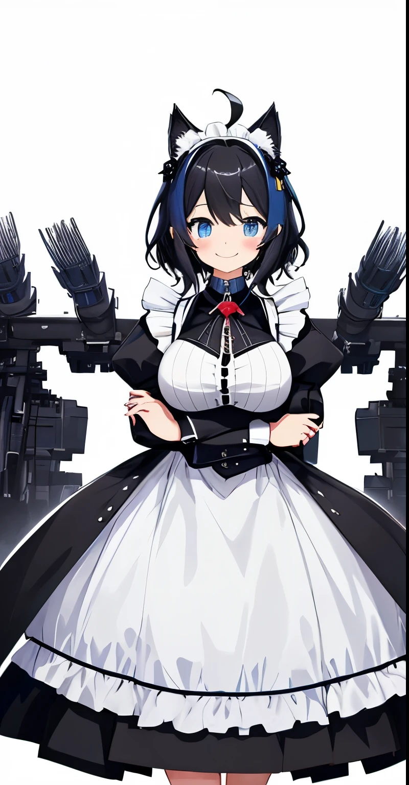 on lap,((((upright)))), ((((arms at sides)))), looking at the viewer, simple background、white background, 1 girl, open your mouth, smile, Virtual YouTuber、with a girl、((highest quality, expensive_solve, clear_image)),(black hair), (black cat ears), (Ahoge), (ridiculously short hair), (wavy hair), (blue eyes),、laughter、very big breasts、((concept art))、((front))。Dressed in maid clothes。character sheet
