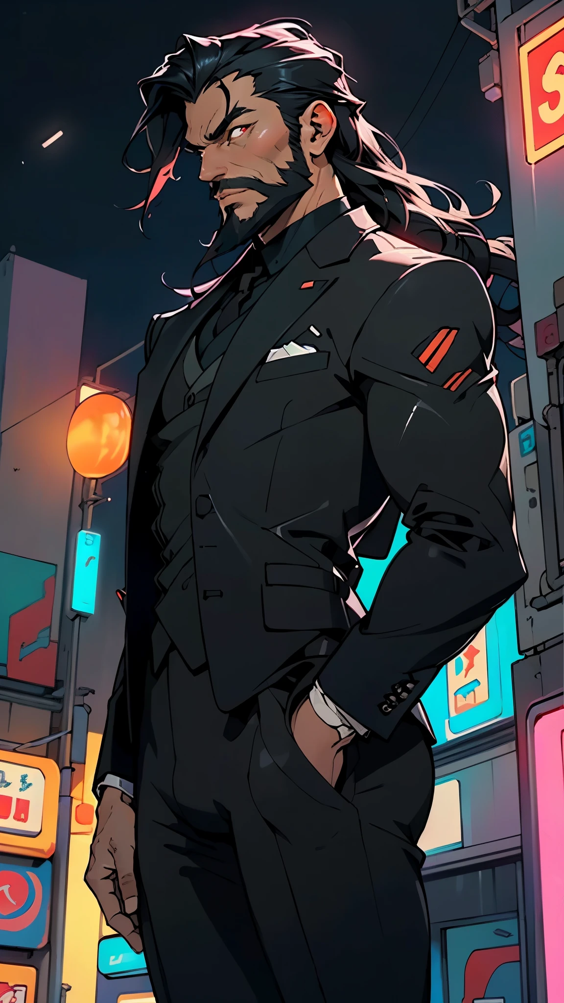 (man:1.5),1 man,mafia boss man,(((1man))),((man with black hair)),
55 years old, male character, black hair, ((slightly long hair:1.3)), ((full beard:1.3,black beard)), serious face, demon king,muscular body,heavy muscular body,((mafia boss)),((tall statue)),
(((1male,male,male gender:1.5,male focus))),macho man,villain,evil villain,
(((lustrous skin:1.5,tanned skin,bright skin: 1.5,skin tanned,shiny skin,very shiny skin,shiny body,illuminated skin))),(((red_eyes:1.2))),intricate eyes,beautiful detailed eyes,symmetrical eyes,((man chest)),((muscular)),male jaw,(((detailed face))),
manly,nsfw,
cyberpunk mafia boss, ((mafia boss suit:1.5)), futuristic mafia boss,((bulge in pants)),((black suit:1.2)),(elegant suit),((wet clothes,intricate outfit,intricate clothes,intricate suit)),
(dynamic pose:1.0),solo focus,((smug)),(centered,scale to fit dimensions,Rule of thirds),
cyberpunk city by the ocean at night, with bright neon signs and dark stormy clouds and puddles, scenery:1.25,nighttime, starry night, cosmos,Very dark night that makes the neon lights stand out, very bright neon lights,
highres, sharp focus, (ultra detailed, extremely detailed), (photorealistic artwork:1.37),(extremely detailed CG unity 8k wallpaper),((synthwave background theme)),(((vibrant colors))),(intricate background),(masterpiece),(best quality),