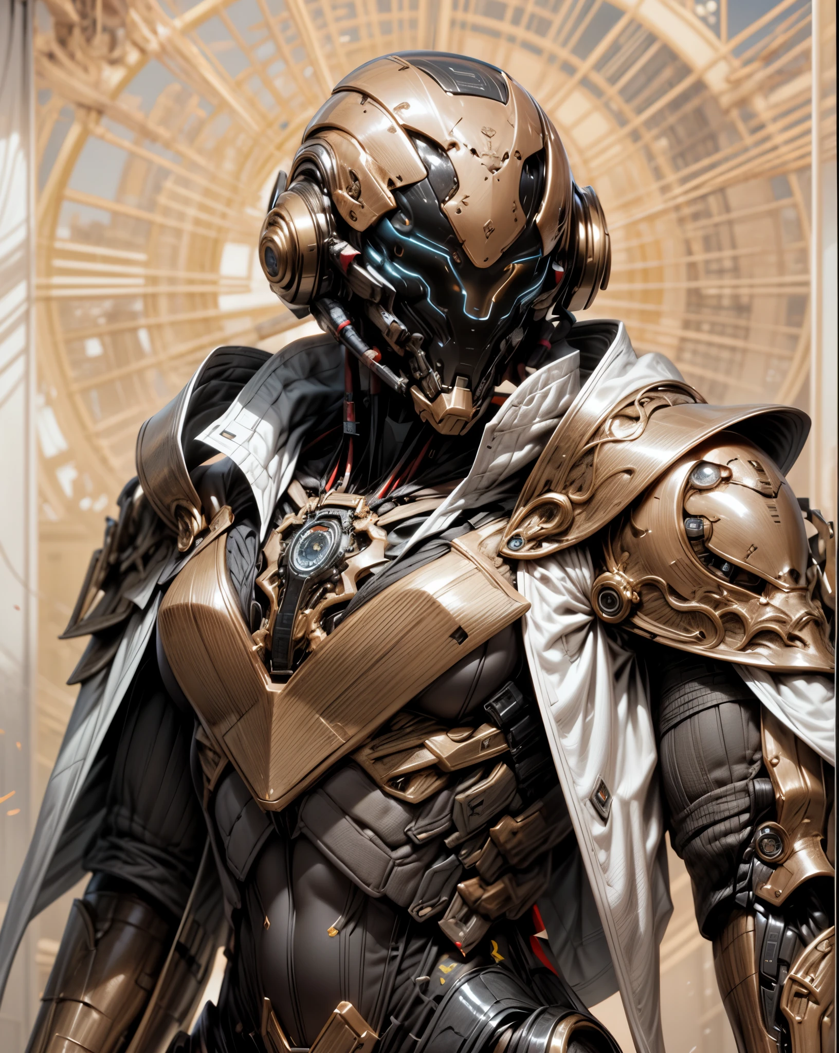 (((An epic and visually stunning digital anime masterpiece:1.5, art piece featuring a ((mid 30’s feminine male:1.5)) elegant military mechanical soldier clad in a sleek yet tactical decorated military trench coat:1.5))), (((flat masculine male chest, beautifully elegant military mechanical mecha head with elegant mecha face:1.6, with an angular masculine male facial structure:1.4))), (((the character is clothed in a scifi tactical double breasted trench coat with a built in exoskeleton:1.6))), (((over a form fitted armor plated yet super sleek and sensually revealing under suit, waist and thighs exposed:1.6))), ((The image showcases the intricacies of the character’s armor and clothing:1.4)), ((capturing their flamboyant feminine essence and heavy mechanical art deco aesthetic:1.5)), ((The character also possesses a more masculine androgynous charm:1.4)), (((with a toned yet heavily muscled gorgeous feminine physique:1.4, a sleek waist:1.4, mesomorphic mechanical muscular torso, toned yet beautifully sleek mechanical arms and legs with thick thighs:1.6, mechanical muscles))), ((looking at viewer)), (((brass metal armor and brown leather))), ((((depth of field, cinematic lighting, chromatic aberration, ray tracing, UHD, masterpiece, top of head covered, super detail, high details, high quality, award winning, 8k, highres)))), (((dieselpunk:1.4, decopunk:1.4, artificial muscle:1.5)))