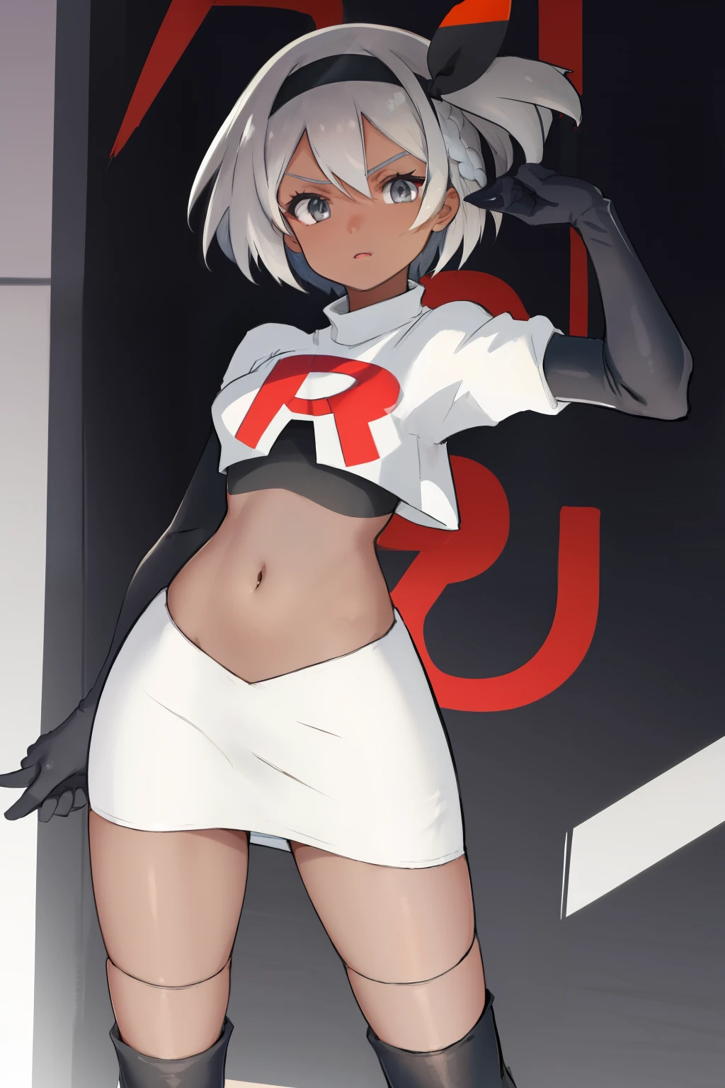 bea pokemon, black hairband, hair bow, dark-skinned female,hair between eyes, grey hair, short hair,grey eyes ,team rocket,team rocket uniform,white skirt,crop top,black thigh-highs,black elbow gloves,