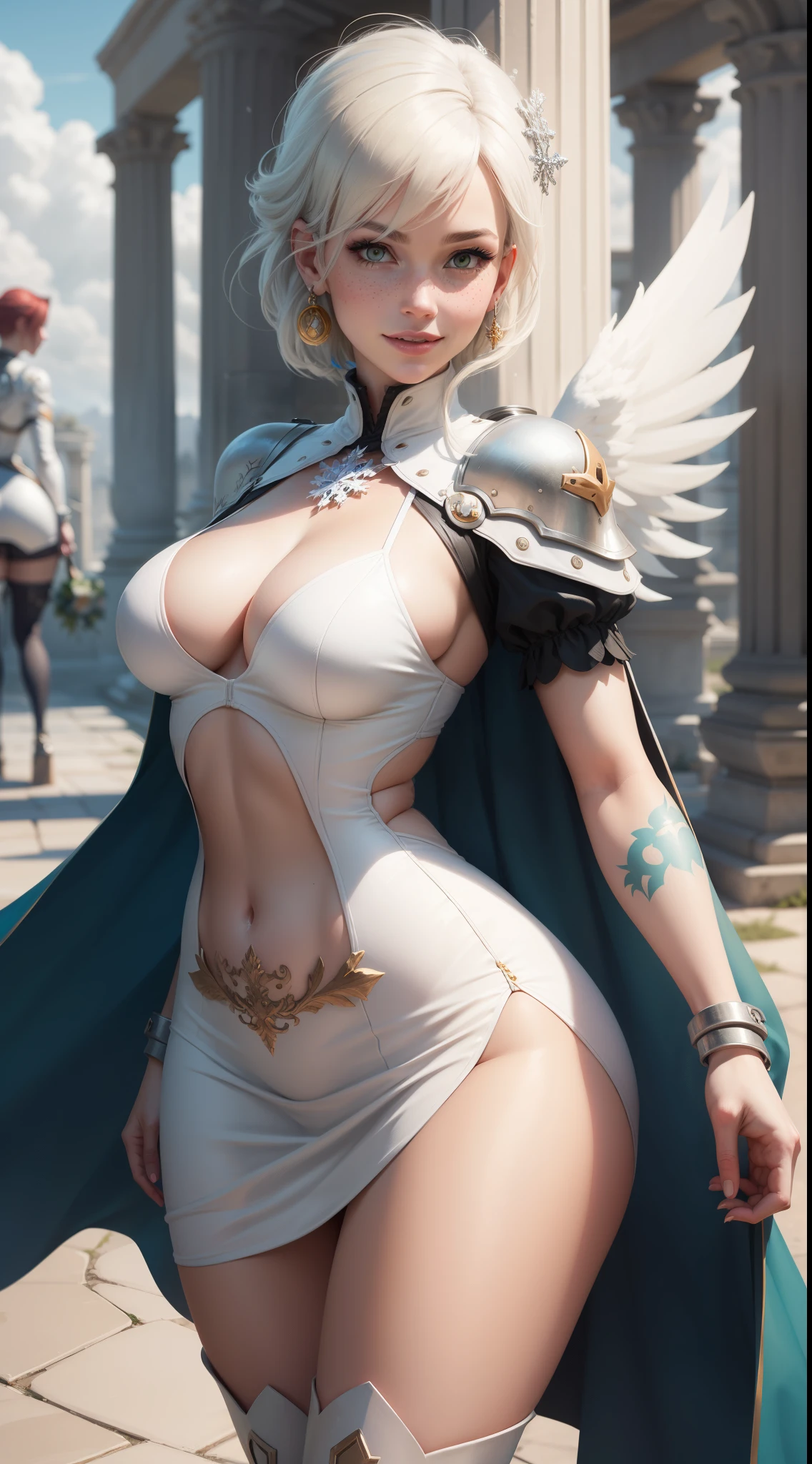 gwen tennyson,yorha 2b,mercy,jill valentine, overwatch,atelier ryza,close up,greek temple, tattoos,orange and white plugsuit,white short sleeve bride top,snowflake short sleeve bride dress,tight micro skirt,angel halo,uncovered belly,short bride hair,punk makeup,green eyes,multicolored silver hair,long dress train,sexy smile,freckles,beautiful girl,thigh high boots,large breasts,8k,ultra detailed,realistic,fantasy art,hair pin,ear piercings,snowflake head and neck jewelry,(weather:windy),1girl,long orange knight cape,large angel wings,