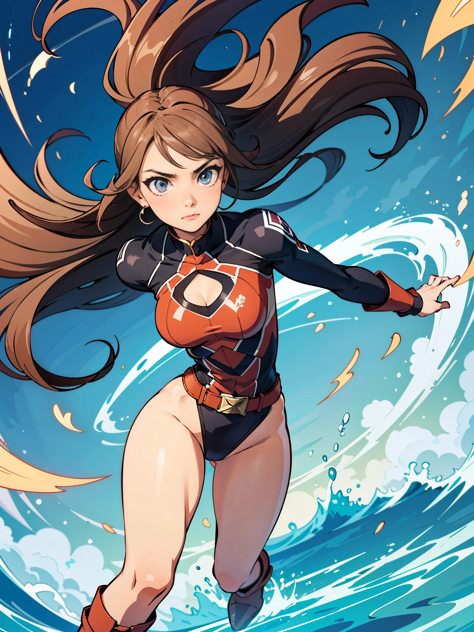 1girl, solo focus, medium breasts, superhero, leotard, highleg leotard, bare legs, boots, mature lady, tight belt, brown hair, spinning her body in rapid speed like a tornado, wind swirls, rapid gyration, tornado spinning girl, tornado spin, turning to a whirlwind, ultra highres, absurdres, beautiful face, detailed eyes, symmetric eyes, {{only five fingers}}, tornado winds, straight legs, tornado swirls, tornado, super spin