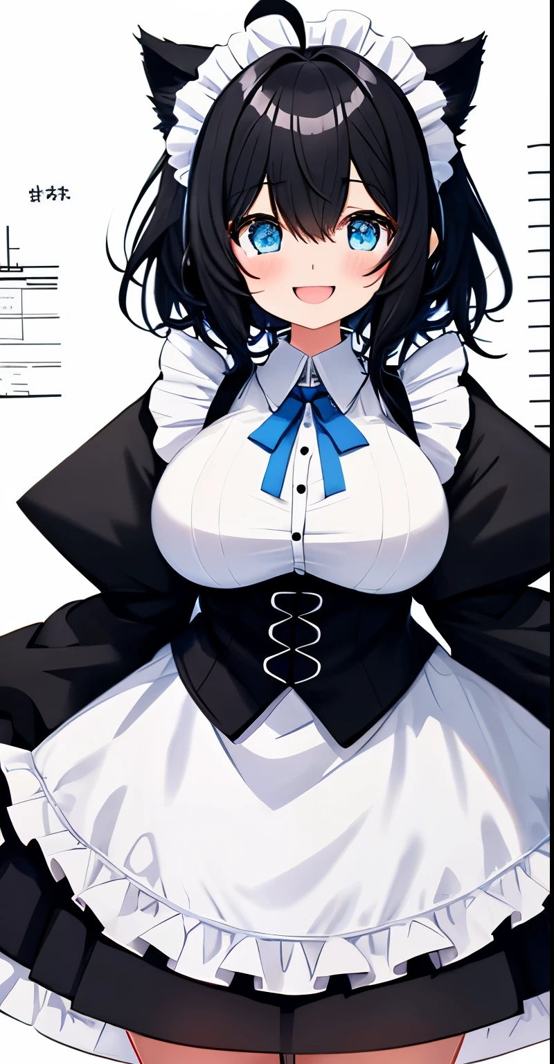 on lap,((((upright)))), ((((stand up)))), looking at the viewer, simple background、white background, 1 girl, open your mouth, smile, Virtual YouTuber、with a girl、((highest quality, expensive_solve, clear_image)),(black hair), (black cat ears), (Ahoge), (ridiculously short hair), (wavy hair), (blue eyes),、laughter、very big breasts、((concept art))、((front))。Dressed in maid clothes。character sheet
