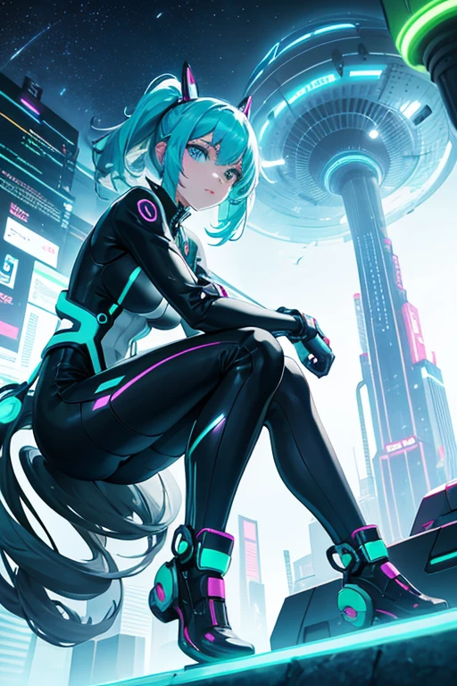 Futuristic girl on a hover bike riding through a super city with many trees and animals while cyborgs walk the neon illuminated streets