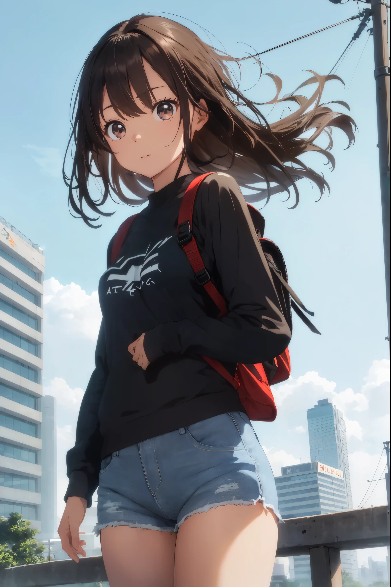 (Beautiful and majestic skyline, Majestic sky), (the extremely tense and dramatic pictures, moving visuals), (the high-hanging Polaris, Colorful natural light), (1 girl), (long sleeve top, Denim shorts, Wearing a backpack), (dynamic poses:1.3, black eyes, Black Ji hair, Sparkling girl)[:0.8], (prairie), (A gentle breeze greets you), (Brown hair coordinates with the background: 1.2), (close shot, Long lens mix and match)[::0.9]