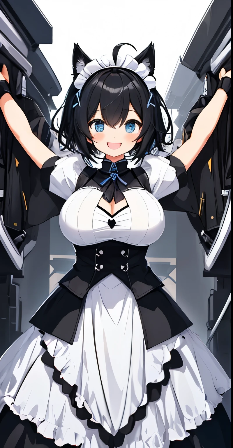 on lap,((((upright)))), ((((arms to the sides)))), looking at the viewer, simple background、white background, 1 girl, open your mouth, smile, Virtual YouTuber、with a girl、((highest quality, expensive_solve, clear_image)),(black hair), (black cat ears), (Ahoge), (ridiculously short hair), (wavy hair), (blue eyes),、laughter、very big breasts、((concept art))、((front))。Dressed in maid clothes。character sheet