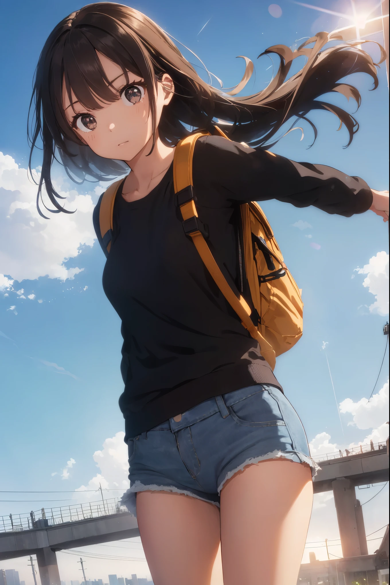 (Beautiful and majestic skyline, Majestic sky), (the extremely tense and dramatic pictures, moving visuals), (the high-hanging Polaris, Colorful natural light), (1 girl), (long sleeve top, Denim shorts, Wearing a backpack), (dynamic poses:1.3, black eyes, Black Ji hair, Sparkling girl)[:0.8], (prairie), (A gentle breeze greets you), (Brown hair coordinates with the background: 1.2), (close shot, Long lens mix and match)[::0.9]