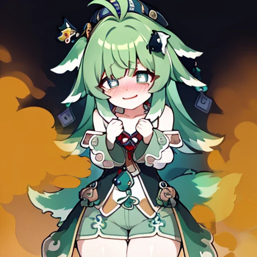 Highest image quality、(master piece:1.2)、detailed、Huo Huo、1 girl、solo、green hair、fart、Are standing、green eyes、brown shorts、Shy personality、scared、pale tail、Gas comes out of the butt、lots of gas、blush、shyness、Satisfied smile