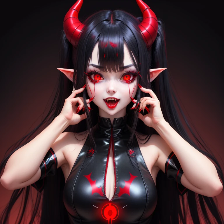 photorealistic, (hyperrealistic:1.2), beautiful, masterpiece, best quality, extremely detailed face, perfect lighting, (colorful),cinematic lighting,extremely detailed CG unity 8k wallpaper,      merusuccubus,  (red skin), (yellow eyes,glowing eyes), horns, (demon tail), choker, bangs, short hair, bob cut, school uniform, thick thighs, thighhighs, skirt, (editorial photograph of a 21 year old woman), nikon d850, film stock photograph ,4 kodak portra 400 ,camera f1.6 lens ,rich colors ,hyper realistic, lifelike texture, dramatic lighting , cinestill 800, Nikon 800mm lens, Tall, feminine, long black hair, posed, confident, glossy, pvc, catsuit, (full body:0.6), (pose:1), (detailed hands:1). (Huge breasts:1) (cleavage:1) (succubus:1) (demoness:1) mommy, curvy, vuluptuous, (editorial photograph of a 21 year old woman), (highly detailed face:1.4) (smile:0.7) nikon d850, film stock photograph ,4 kodak portra 400 ,camera f1.6 lens ,rich colors ,hyper realistic, lifelike texture, dramatic lighting , cinestill 800, Nikon 800mm lens, Tall, feminine, Instagram model, asian, long black hair, petite nose, thin eyebrows, posed, confident, smiling, eyeshadow, eyeliner, contour, foundation, huge breasts, cleavage, glossy, (highly detailed eyes:1) (selfie:0.5) pvc, catsuit, (full body:0.6), (pose:1), (detailed hands:1). Her eyes are swirls, she's hypnotizing you, hypnotic theme, she is taking over your mind, you can't resist, everything around her feels like it's melting away