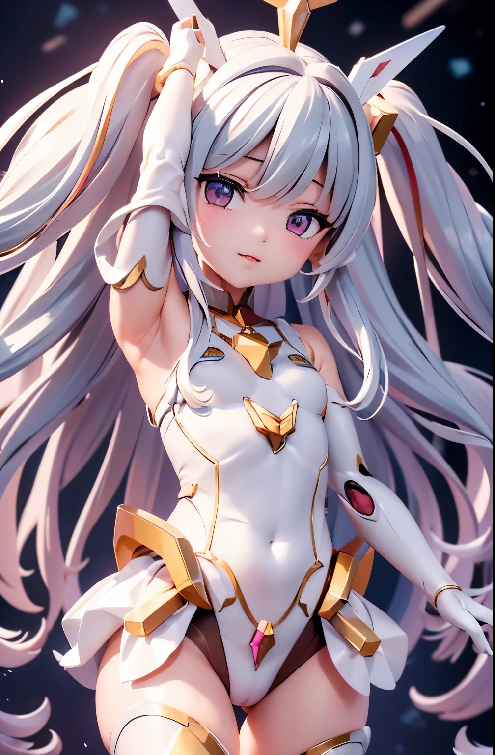 (Little: 1.2), (masterpiece: 1.4), (highest quality: 1.4), (She is fused with futuristic Gundam mecha:1.4), (Very cute angel girl, super detailed face, eyes like jewels, white very long hair, Colorful gradient hair: 1.4),with headgear, with v-fin ,mechanical wings, (whole body:1.5, perfect 2 arms, perfect 2 legs: 1.4), (perfect four fingers: 1 thumb), light, shine, Bokeh, super fine