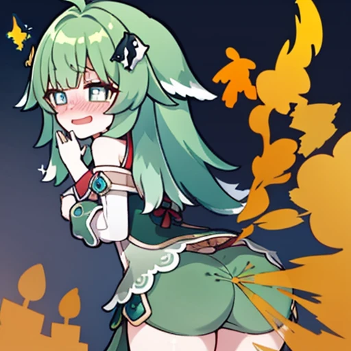 Highest image quality、(master piece:1.2)、detailed、Huo Huo、1 girl、solo、green hair、fart、Are standing、green eyes、brown shorts、Shy personality、scared、pale tail、Gas comes out of the butt、lots of gas、blush、shyness、Satisfied smile