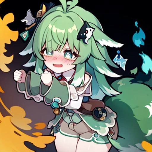 Highest image quality、(master piece:1.2)、detailed、Huo Huo、1 girl、solo、green hair、fart、Are standing、green eyes、brown shorts、Shy personality、scared、pale tail、Gas comes out of the butt、lots of gas、blush、shyness、Satisfied smile