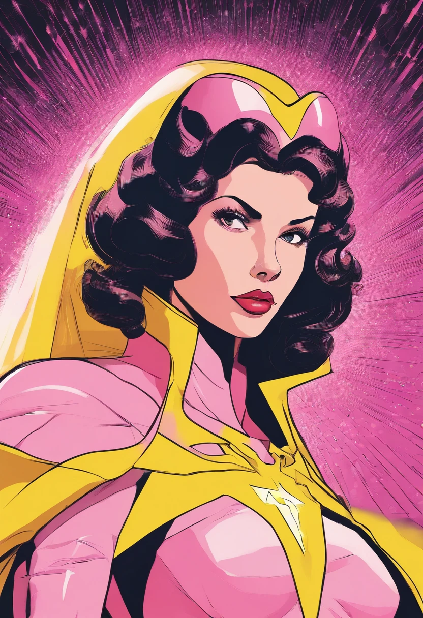 brunette woman, superhero, light pink outfit, yellow cape, lightning on clothes long hair