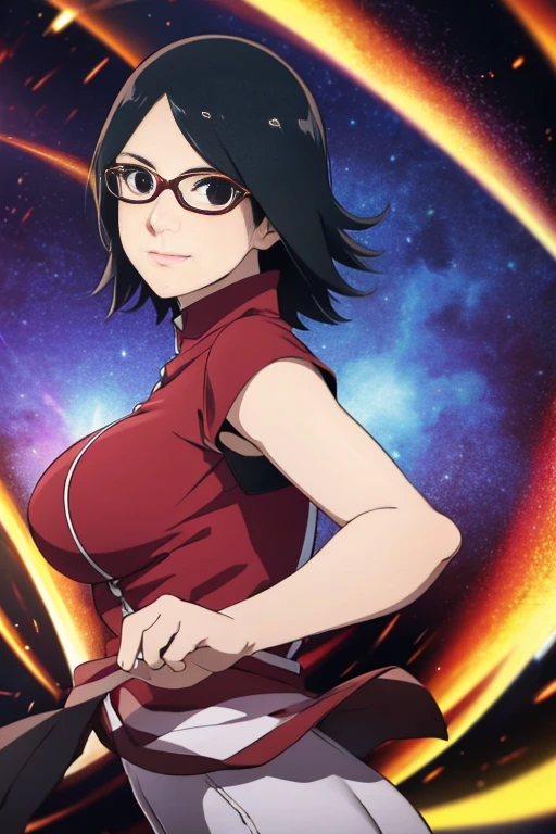 master piece, high quality, 4k, portrait, face shot, professional art, very detailed universe background, ((ultra detailed body, ultra detailed hair, ultra detailed face)), best quality, anime style, anime coloring, 1girl, Uchiha Sarada, light skin, ((huge breasts)), black hair, short hair, ((red short-sleeved shirt, short shorts)), glasses, looking at the viewer, smile, black eyes, detailed eyes, standing.