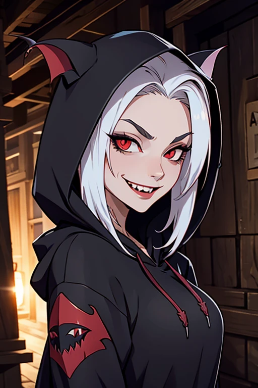 100 year old vampire girl, hoodie, Sharp Fangs, cocky smirk, alley