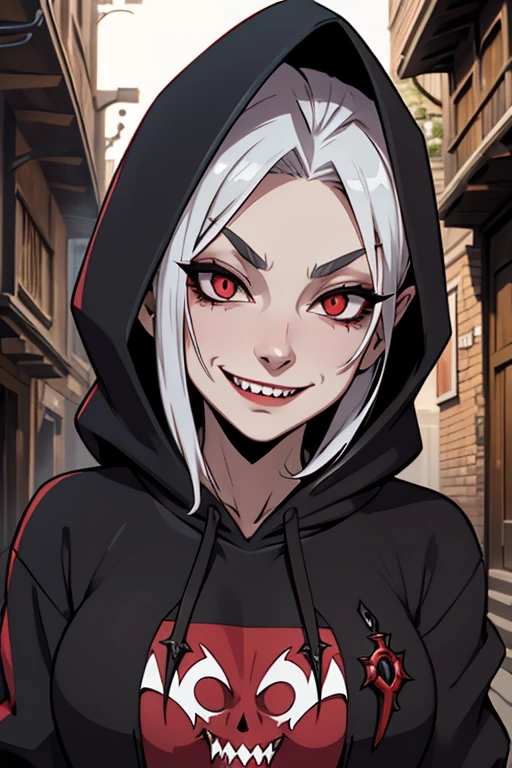 100 year old vampire girl, hoodie, Sharp fangs, cocky smirk, alley