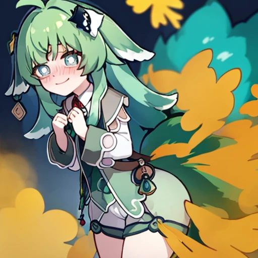 Highest image quality、(master piece:1.2)、detailed、Huo Huo、1 girl、solo、green hair、fart、Are standing、green eyes、brown shorts、Shy personality、scared、pale tail、Gas comes out of the butt、lots of gas、blush、shyness、Satisfied smile