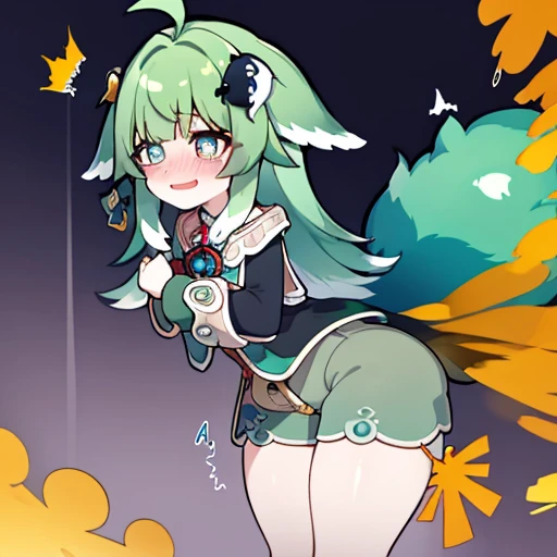 Highest image quality、(master piece:1.2)、detailed、Huo Huo、1 girl、solo、green hair、fart、Are standing、green eyes、brown shorts、Shy personality、scared、pale tail、Gas comes out of the butt、lots of gas、blush、shyness、Satisfied smile