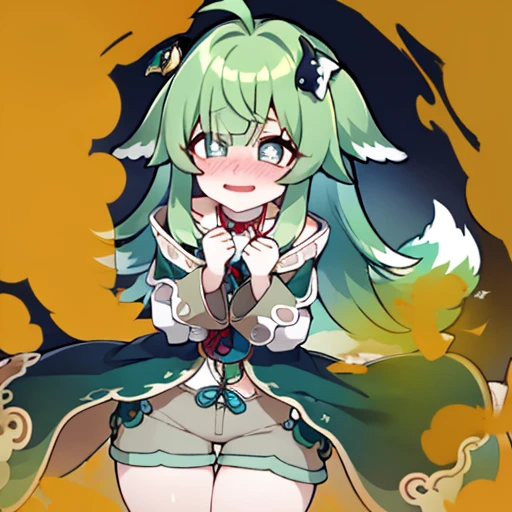 Highest image quality、(master piece:1.2)、detailed、Huo Huo、1 girl、solo、green hair、fart、Are standing、green eyes、brown shorts、Shy personality、scared、pale tail、Gas comes out of the butt、lots of gas、blush、shyness、Satisfied smile