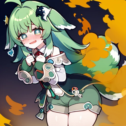 Highest image quality、(master piece:1.2)、detailed、Huo Huo、1 girl、solo、green hair、fart、Are standing、green eyes、brown shorts、Shy personality、scared、pale tail、Gas comes out of the butt、lots of gas、blush、shyness、Satisfied smile